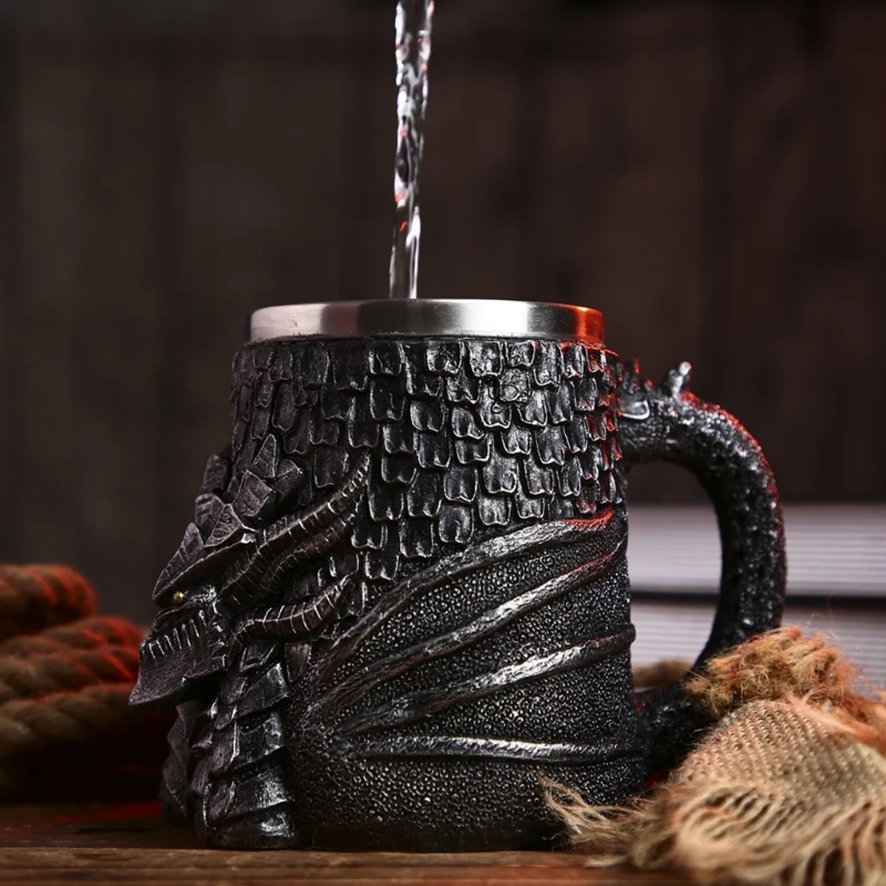 

3D Retro Dragon Mug Beer Drink Cup 450ml Stainless Steel Double Layer Coffee Cups Novelty Gothic Gift Dragon Lovers Collector