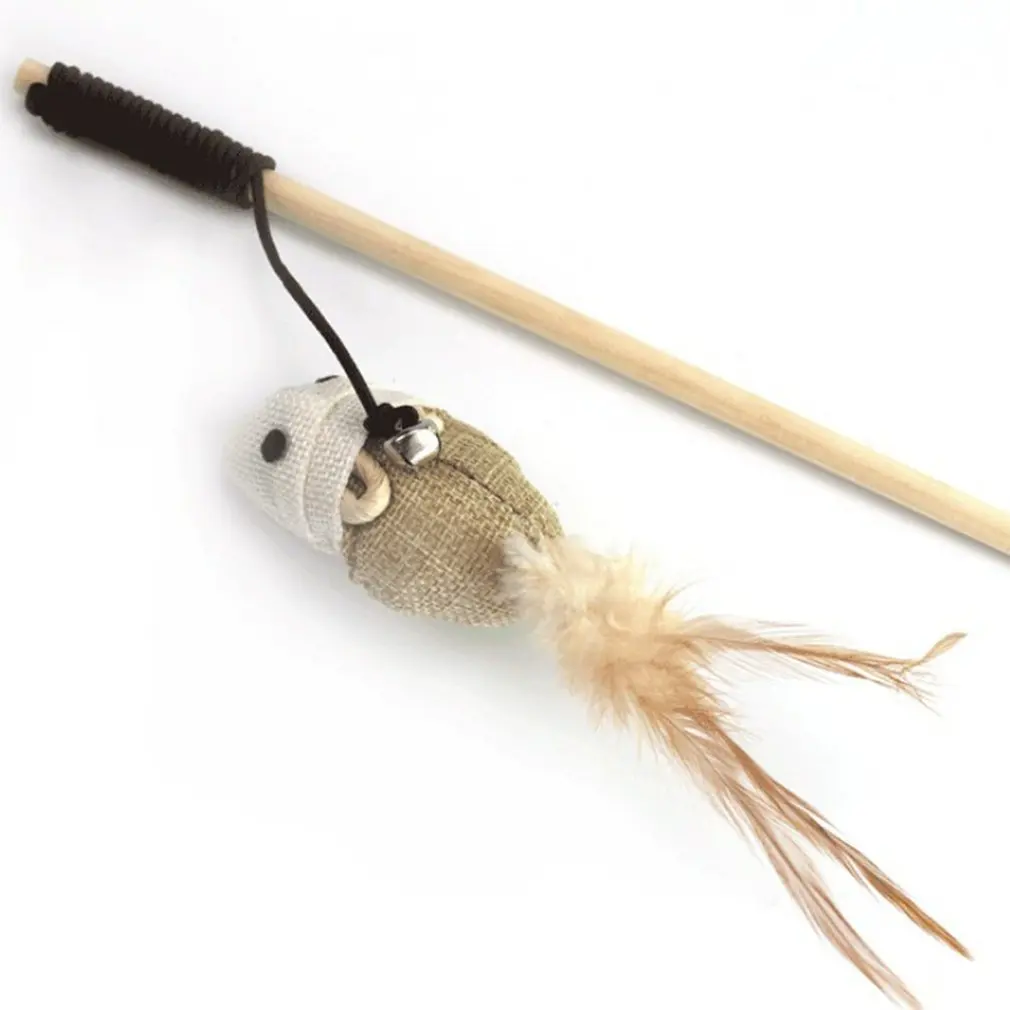 

Dangle Faux Mouse Feather Rod Roped Pet Cat Bell Cat Catcher Teaser Stick Wooden Rod Play Fun Wand Toy