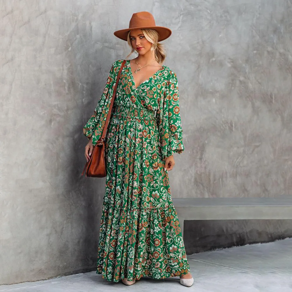 

Spring And Summer New European And American Fashion Printed Lantern Long Sleeve V-neck Backless Stitched Long Dress