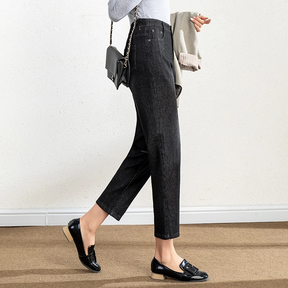 Укороченные женские джинсы с высокой талией однотонные черные свободные оптовая