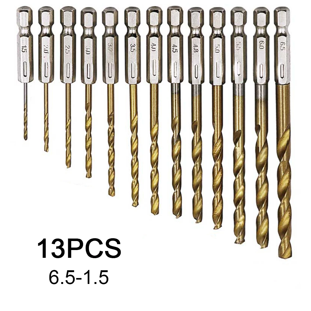 

13pcs 1.5-6.5mm HSS Titanium Coated Drill Bits High Speed Steel Drill Bit Set 1/4 Hex Shank Power Drilling Tool for Wood Plastic