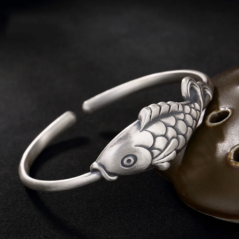 

Real Pure 990 Sterling Silver Bangles For Women Big Fish Classic Cuff Bangle Bracelet Jonc Argent 925