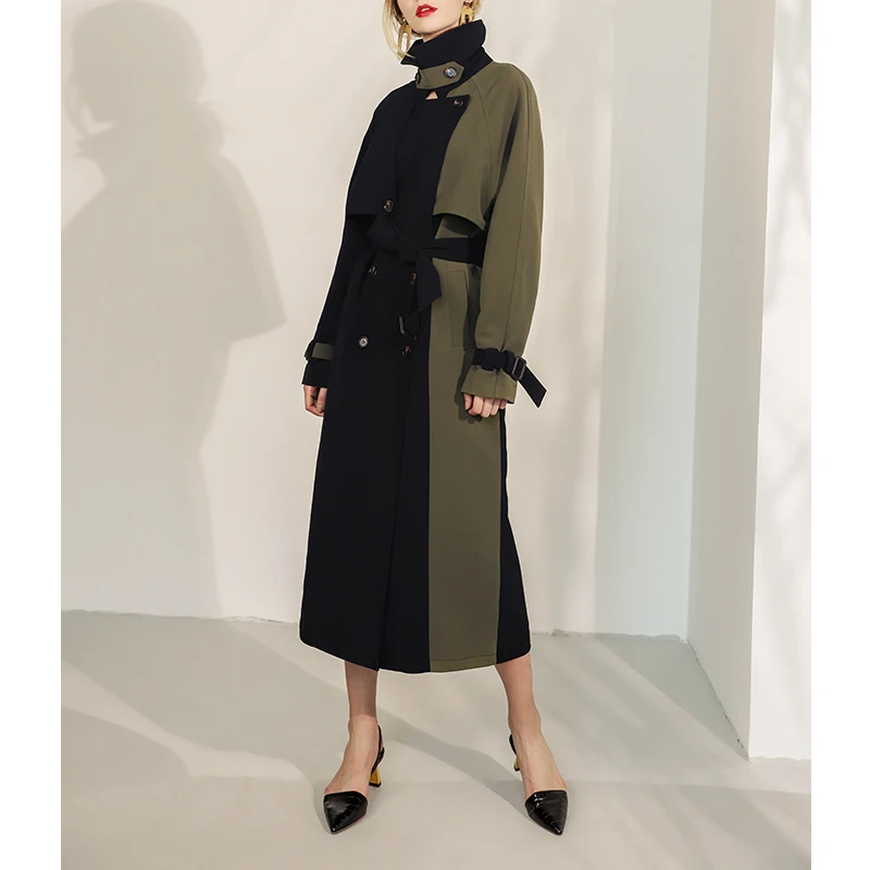 2019 осень/зима модный контрастный цвет рукава реглан двубортный женский ветровка