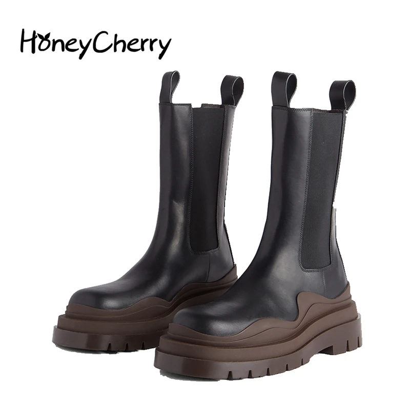 

Honeycherry 2022 Spring New Brown Martin Boots Female Autumn Thick-soled Plus Velvet High Boots Chelsea Long Boots