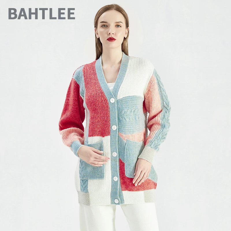 

BAHTLEE Spring Autumn Women's Mohair Cardigan Sweater Pattern Mosaic Knitted V-Neck Solid Long Sleeves Wool Coat Thick Keep Warm