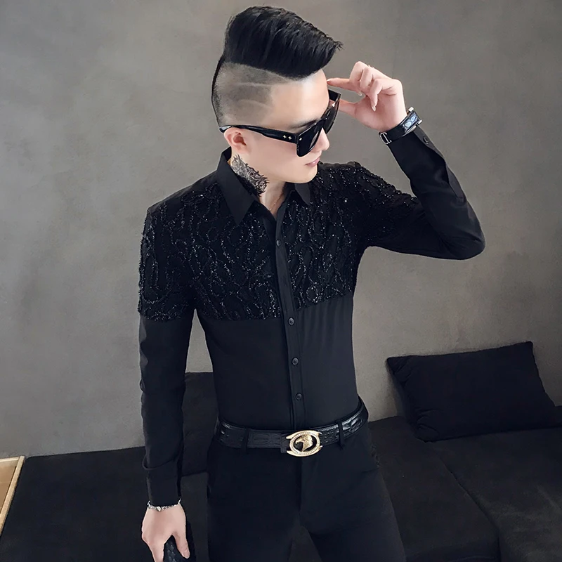 Мужская рубашка с длинным рукавом Camisa Masculina Повседневная приталенная кружевом