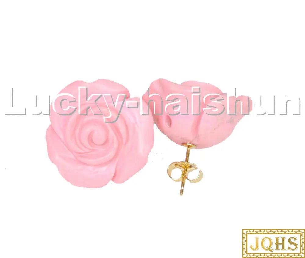 

natural 19mm carven rose flower pink turquoises Earrings 14KT stud c117