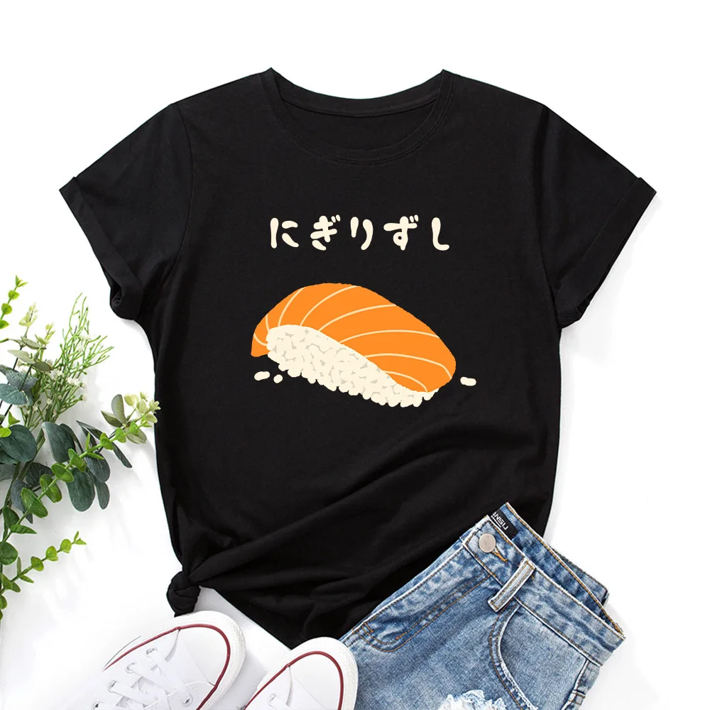 Футболка женская с принтом лосося и суши топ коротким рукавом графическая