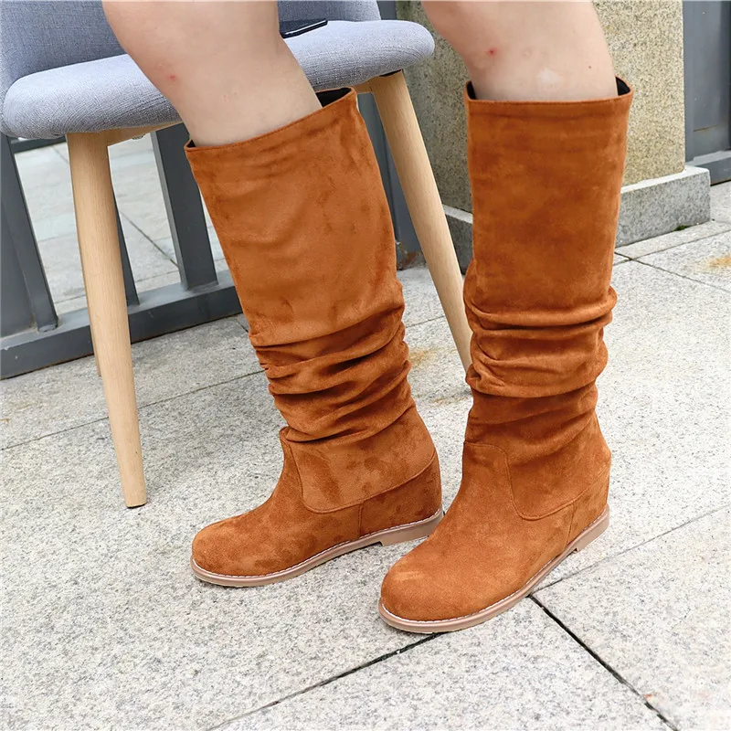 

ASUMER 2020 big size 34-43 knee high boots women pleated round toe flock slip on autumn winter boots woman wedges shoes