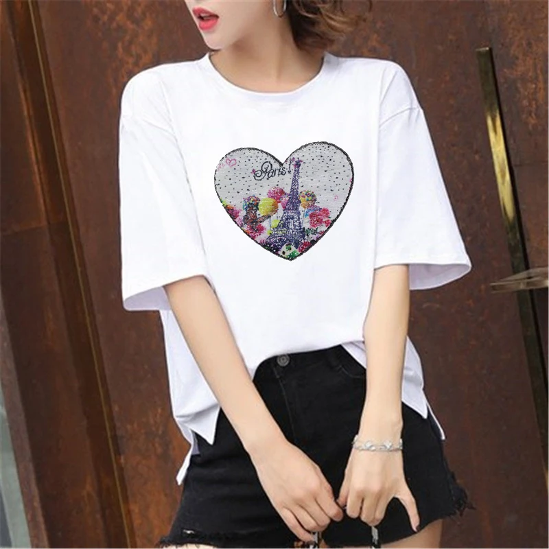 Футболка с нашивками в виде сердца для женщин наклейки Реверсивные меняющие цвет