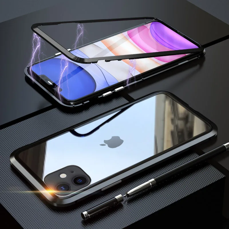 black Back glass Металлический магнитный адсорбционный чехол для iphone 11, чехол из закаленного стекла для iphone 11 pro max, Новые Чехлы, бампер, чехол - Цвет: black Back glass