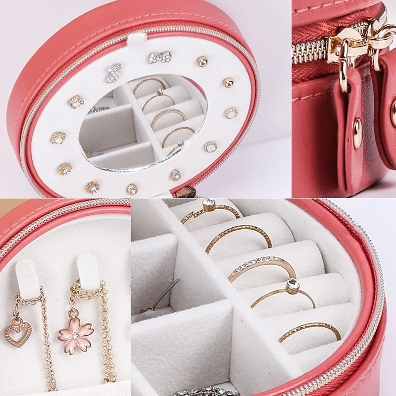 

Round PU Leather Necklace Earring Rings storage box Women Jewelry Organizers Make Up Home Travel Case Accessories Supplies