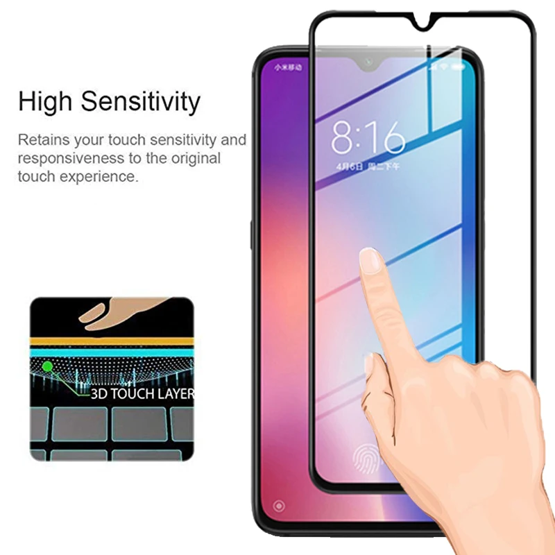 Черное защитное стекло с полным покрытием для телефона Xiaomi Mi 9 HD закаленное 5D 8 Glasa