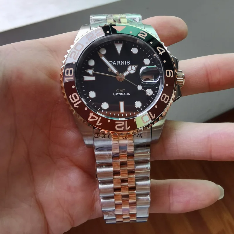 Мужские автоматические механические часы Parnis 40 мм GMT сапфировый Кристалл розовое