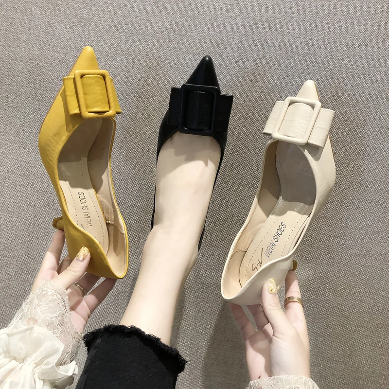 

Concise Fashion Thick with Single Shoes Sexy Pointed Square Buckle High Heels Work Shoes Professional Womens Shoes W32-57