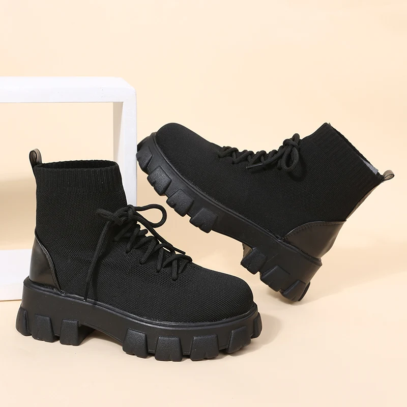 

Autumn New Socks Shoes Woman Stretch Fabric Mid-Calf Casual Platform Boots Net Red Knitted Short Boots Women Plus Size Booties