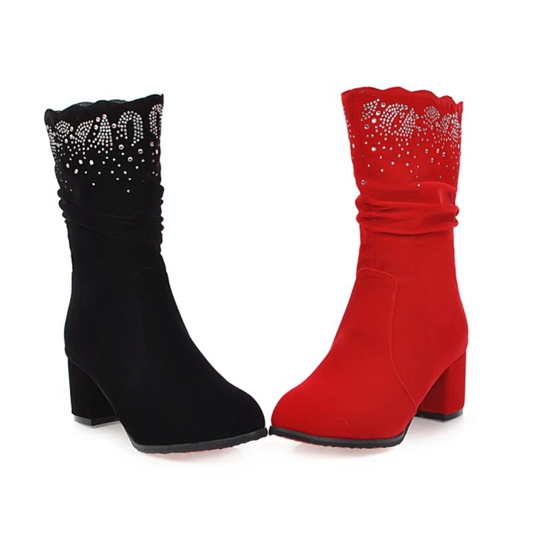 

New Women Mid-Calf Boots Winter Warm Boots Round Toe High Heel Red Black Boots Big Size Boots 34-43