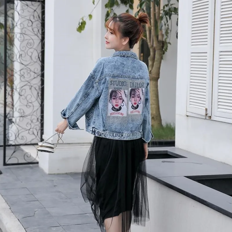 

Female Fall Korean Print Denim Autumn Jeans Spring Jacket Chaqueta Mujer Streetwear Jackets For Women Embroidered Tunic Harajuku