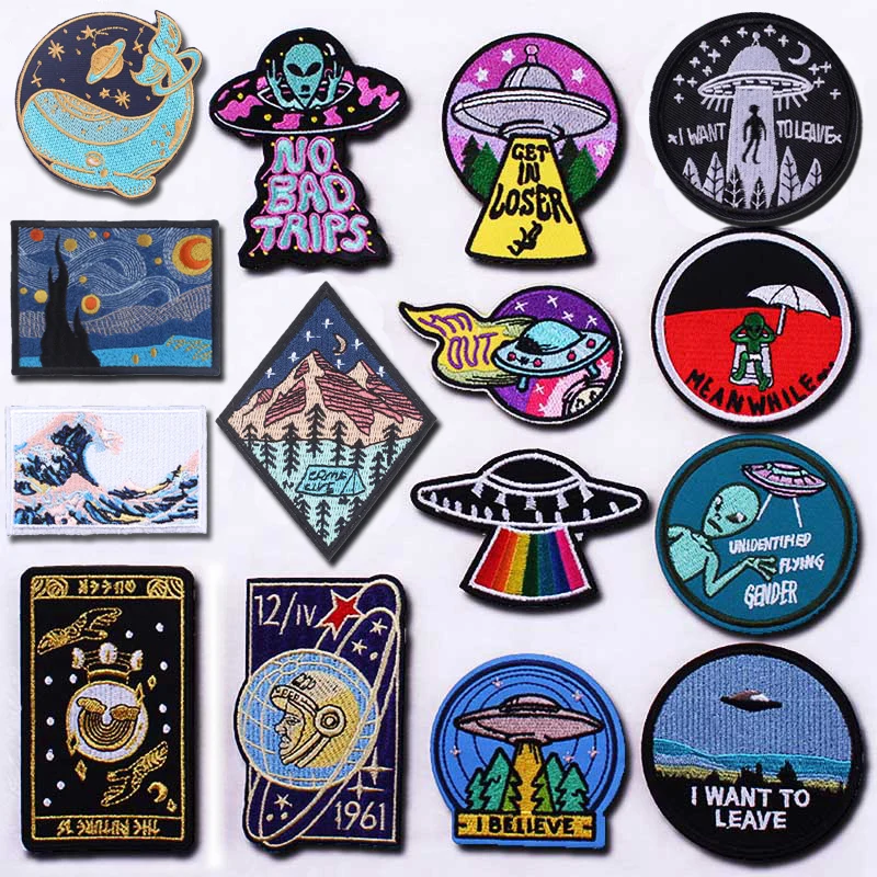 

Prajna Space Patches Iron On Astronauts Aliens UFO Patch Fashion Embroidered Patch For Clothes Stickers Applique Decor DIY Patch