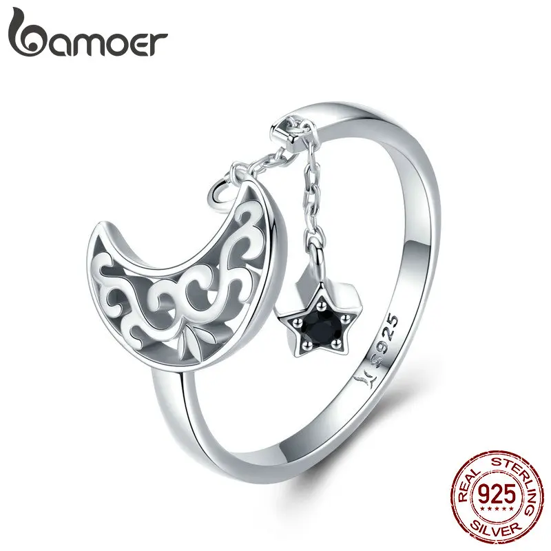 BAMOER, настоящее 925 пробы, серебряная Луна и звезда, длинная цепочка, звезда, регулируемое кольцо на палец для женщин, ювелирные изделия из стерлингового серебра SCR479