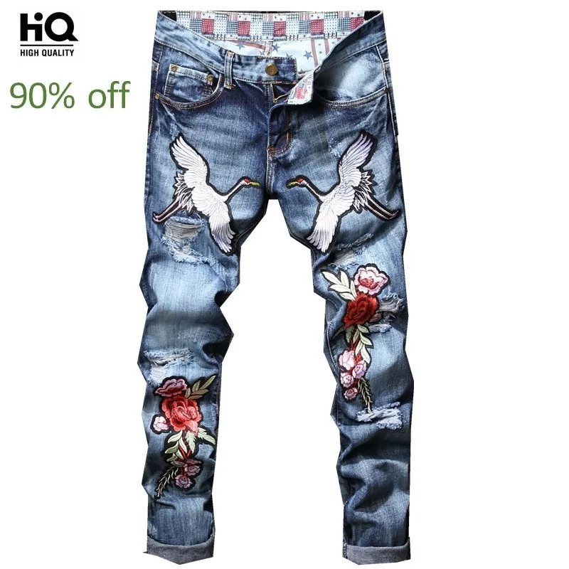 Новинка 2020 модные прямые джинсы с дырками и вышивкой мужские рваные джинсовые