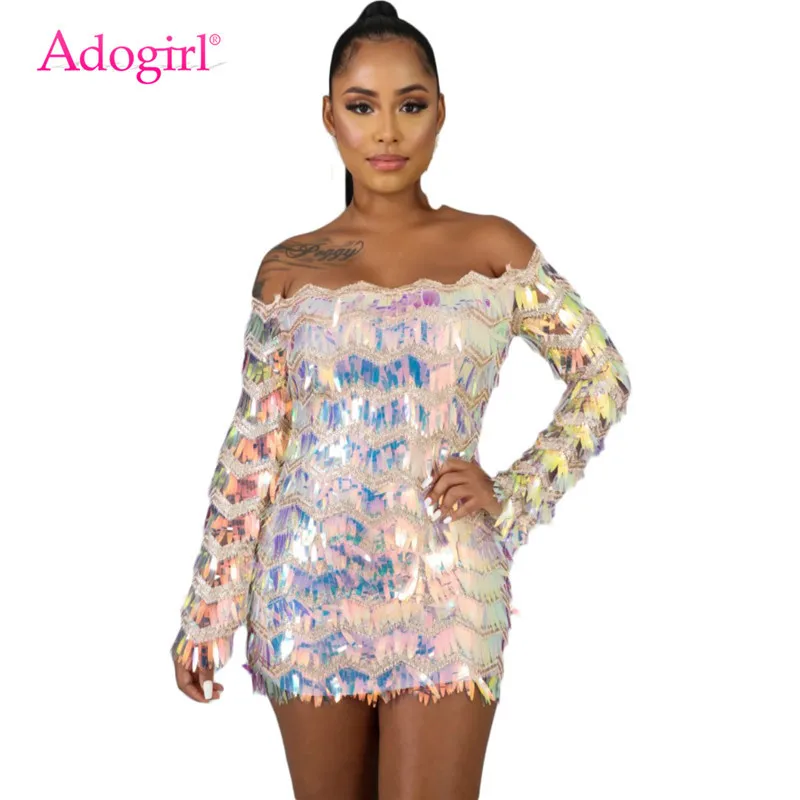 Adogirl блестящее платье с кисточками женское сексуальное открытыми плечами и