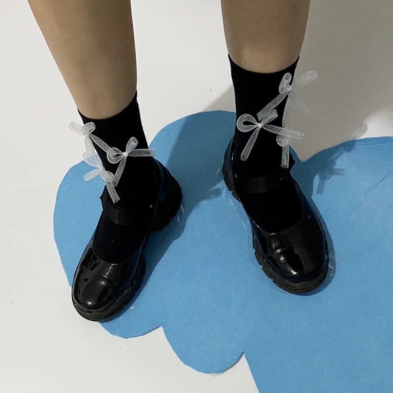 

Handmade Three-Dimensional Bow Socks Black Wild Fashion Sweet Girl Cotton Socks Spring and Autumn