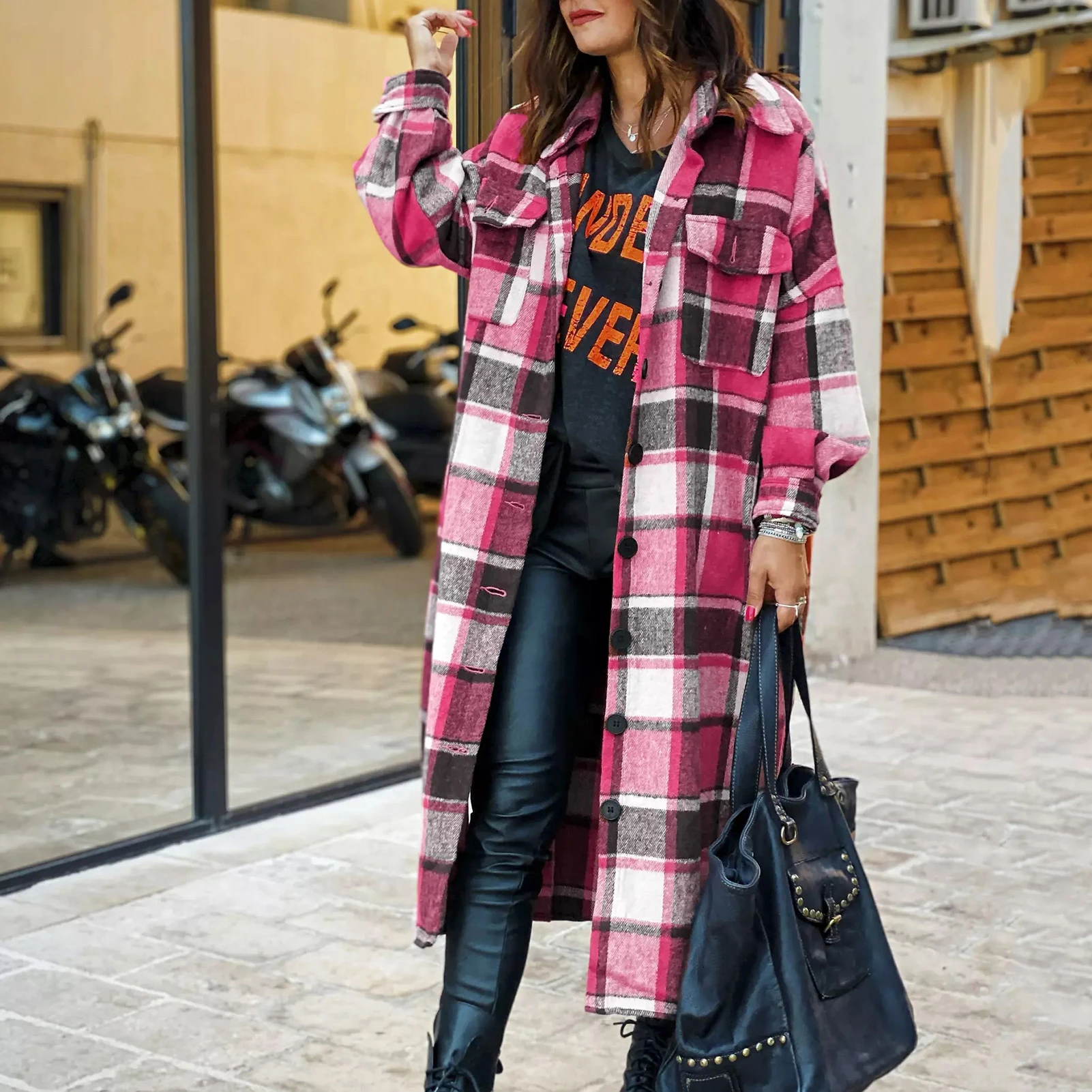 Женская длинная рубашка в клетку стильная клетчатая куртка с отложным