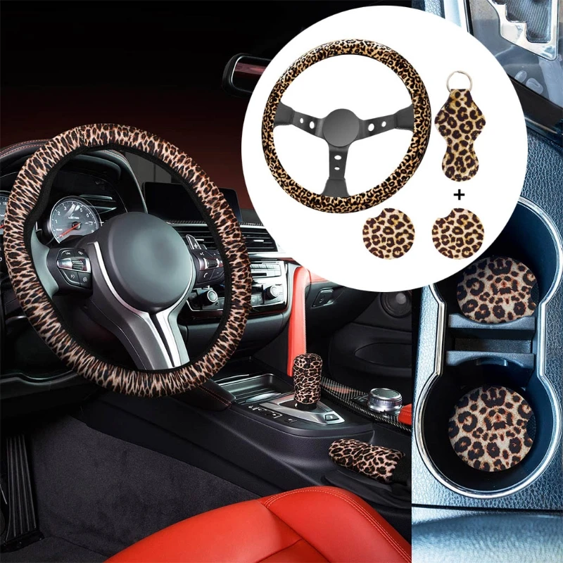 

4Pcs Vehicle Decoration Leopard Printed Diameter Car Steering Wheel Cover Protector Sleeve Car Coasters Keychain