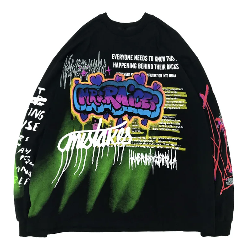 Футболка с длинными рукавами принтом граффити и круглым вырезом Мужская Уличная