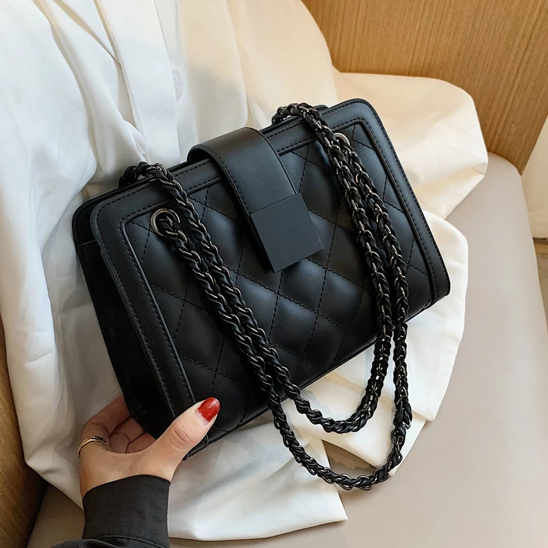 

Small Black PU Leather Crossbody Bag for Women 2021 Winter Branded Chain Designer Shoulder Handbags Women's Trend Fashion