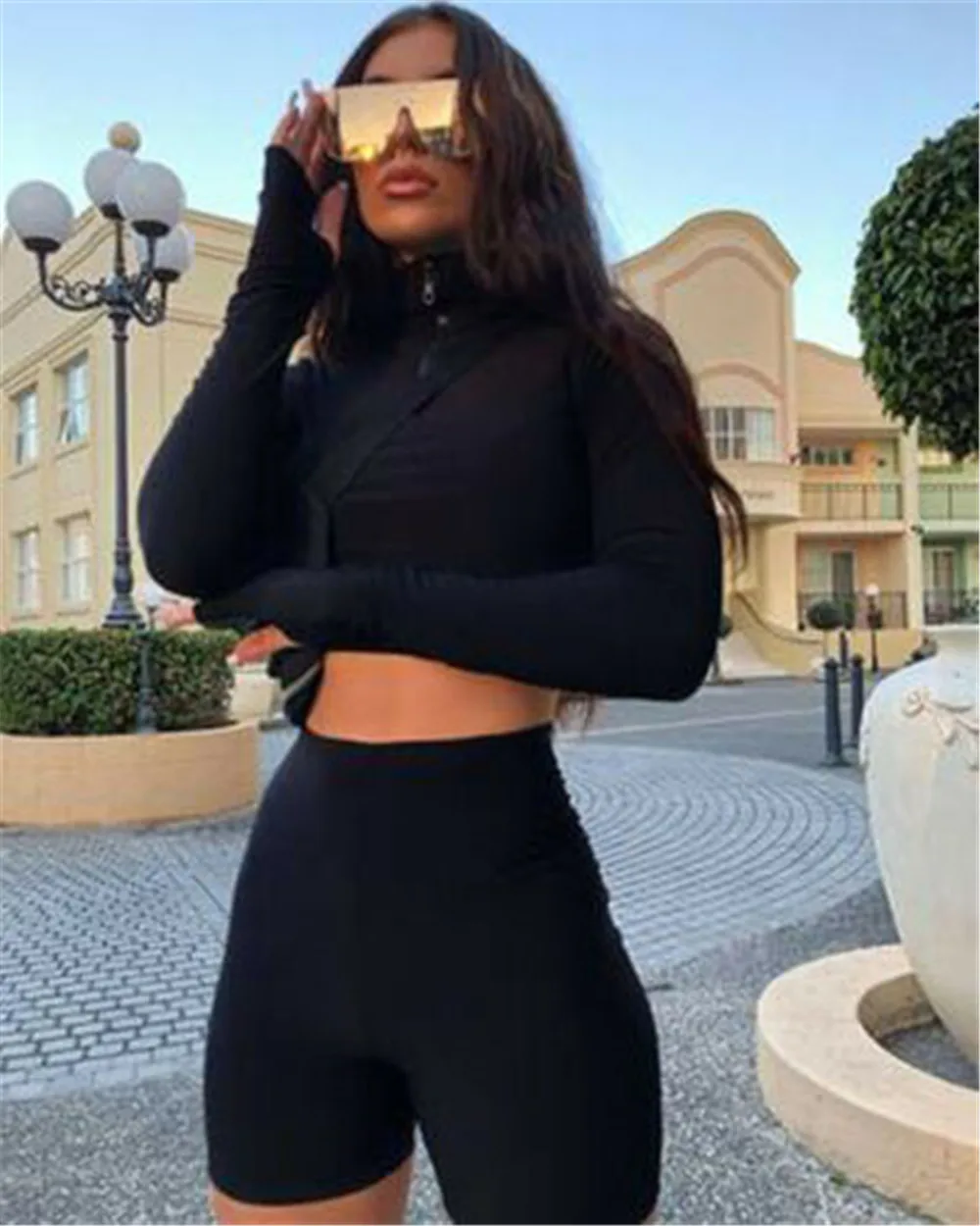 

Women Sports Suit Tops Shorts Outfits Fitness Bodycon V Neck Long Sleeve Crop Tops Workout Clothes Tracksuit Sport Casual Set