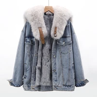winter thick real fox fur collar removable rex rabbit fur liner denim jacket coat women parka loose vintage jeans jacket female