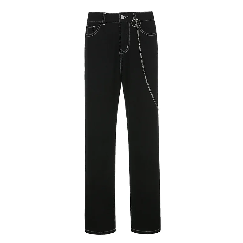 

Gothic Chain Jeans For Women High Waisted Straight Denim Pants Pockets Wide Leg Trousers Harajuku Baggy Joggers Casual