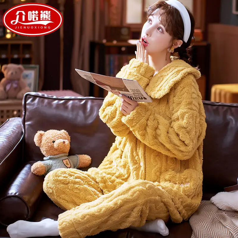 Зимние плотные теплые фланелевые пижамные комплекты для женщин одежда сна