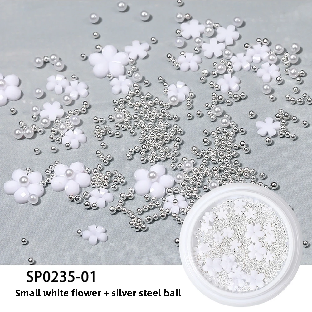 

2021 New Style Nail Art Small White Flower Nail Decoration Japanese Style Mixed Body Resin Five Petal Flower Steel Ball Nail Art
