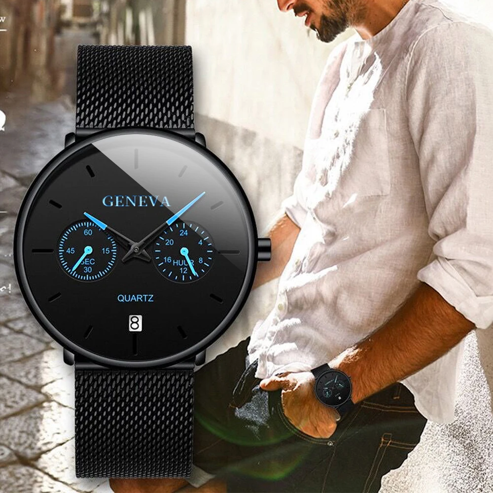 

2021 Minimalist Men's Fashion Ultra Thin Watches Top Brand Luxury Watches Men's Alloy Mesh Calendar Quartz Watch Reloj Hombre