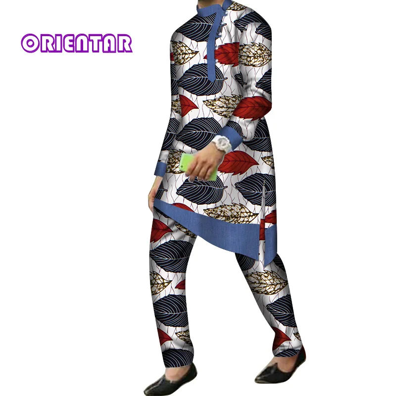 3 2 Pieces Set Men African Clothes Long Sleeve Shirt and Pants Traditional African Bazin Riche Print Dashiki Suit Trousers WYN844 - Цвет: 3