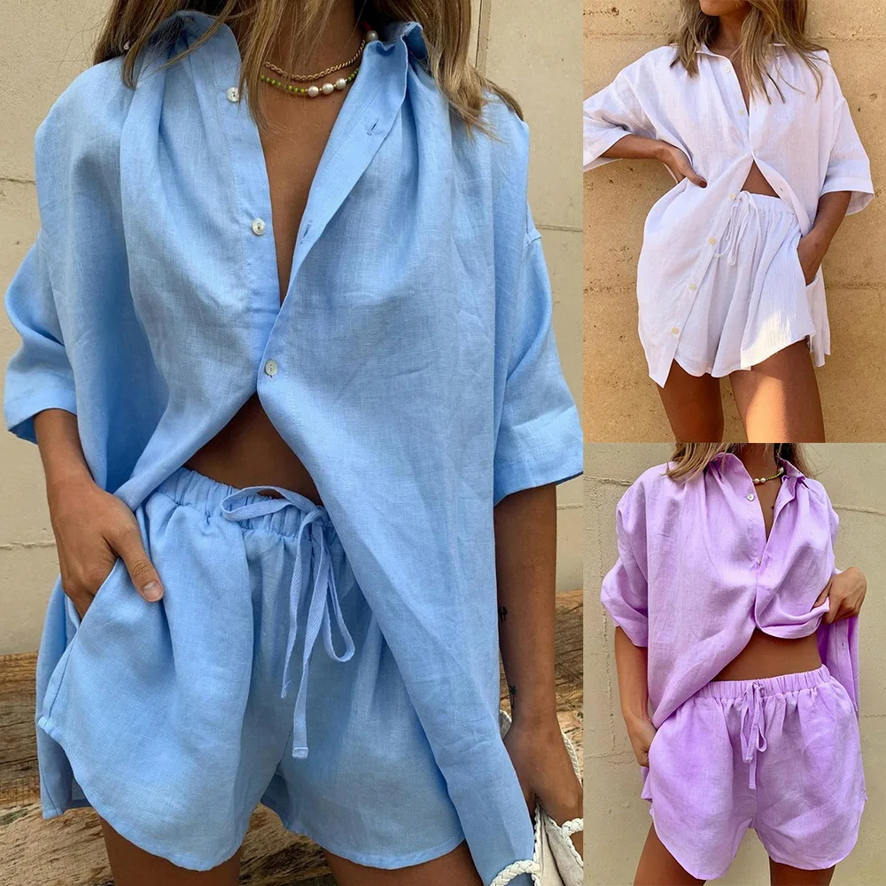 

Summer Tracksuit Women 2021 Lounge Wear Shorts Set Short Sleeve Shirt Tops And Loose Mini Shorts Suit Two Piece Set