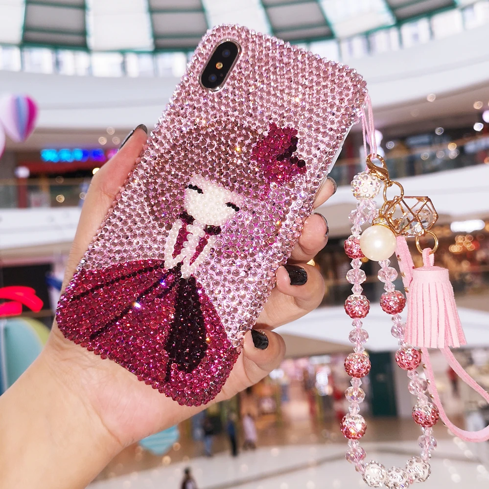 

Cute cartoon girl Handmade Case 3D Phone Cover for iPhone 7 8 11 12 13 x xs max pro plus Bing Crystal Diamond Gift Bracelet