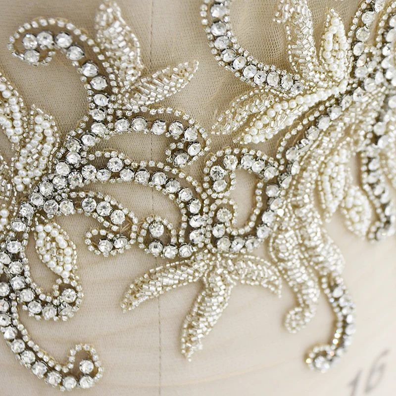 Ручная аппликация расшитая бисером и стразами для свадебного платья WDP 012|beaded