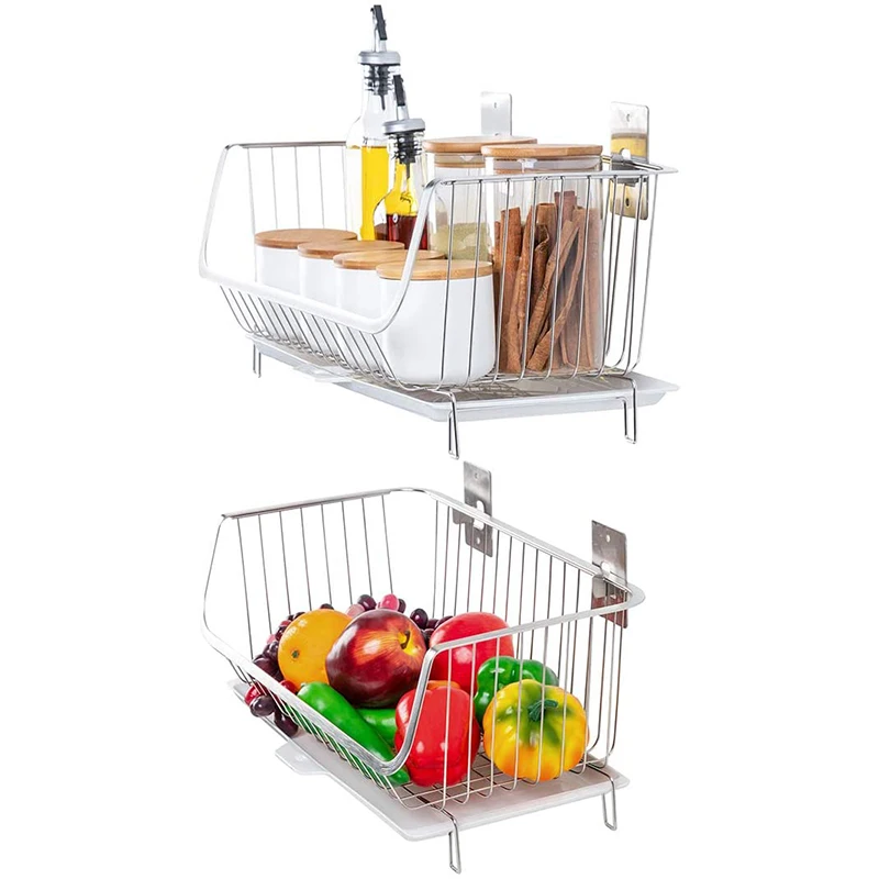 

Screws Free Spice Rack Fruit Holder 2PCS Wire Baskets Kitchen Organizer Heavy Duty Countertop/Wall Mounted Storage Shelf