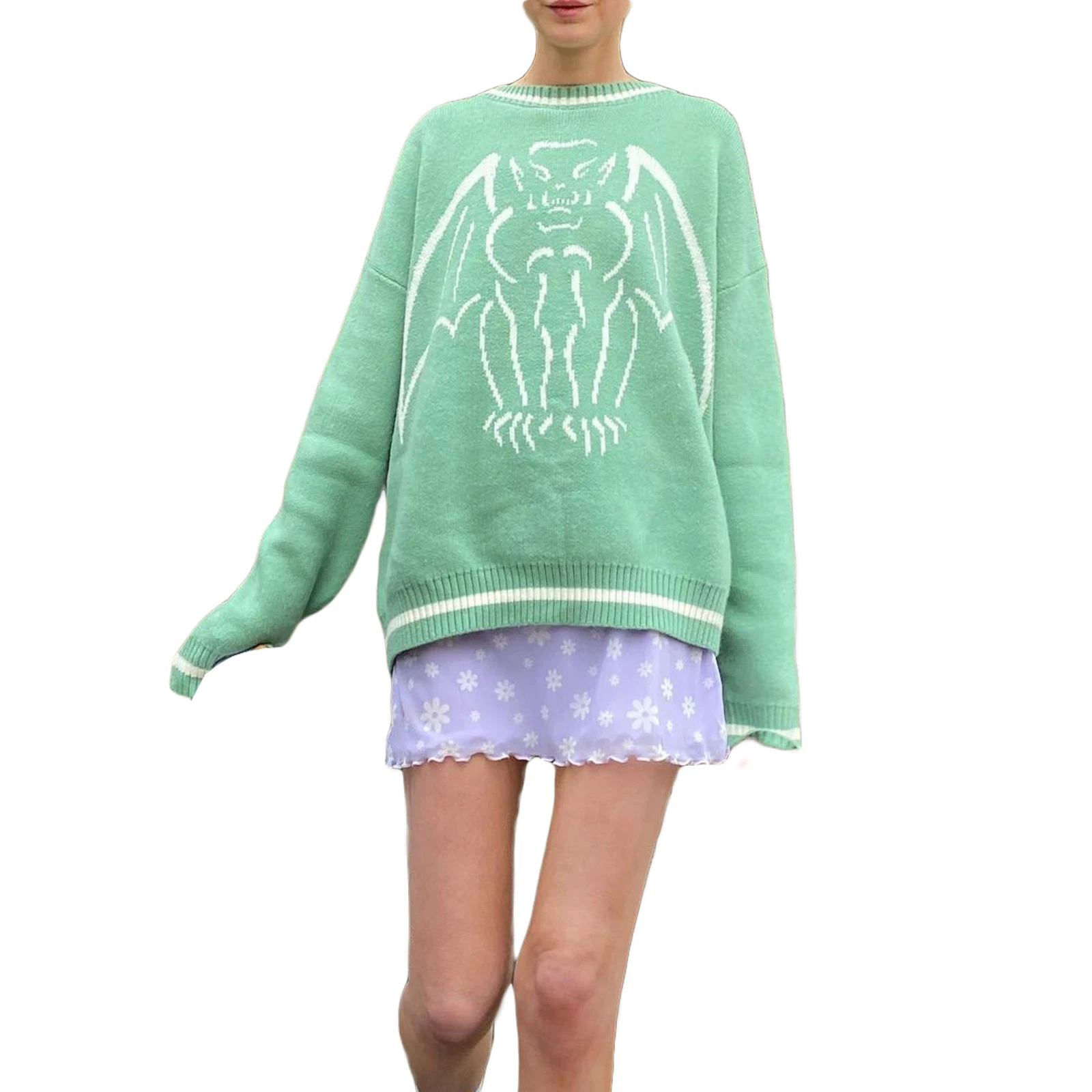 

Womens Round Neck Autumn Polyester Sweaters Long Sleeve Animal Monster Print Loose Fit Knit Tops