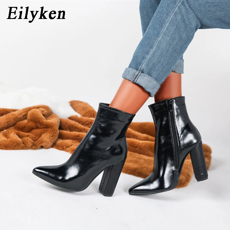 Eilyken/женские ботинки из искусственной кожи; зимние ботинки с острым носком на высоком каблуке; модные мотоботы на молнии; цвет коричневый; размеры 41, 42