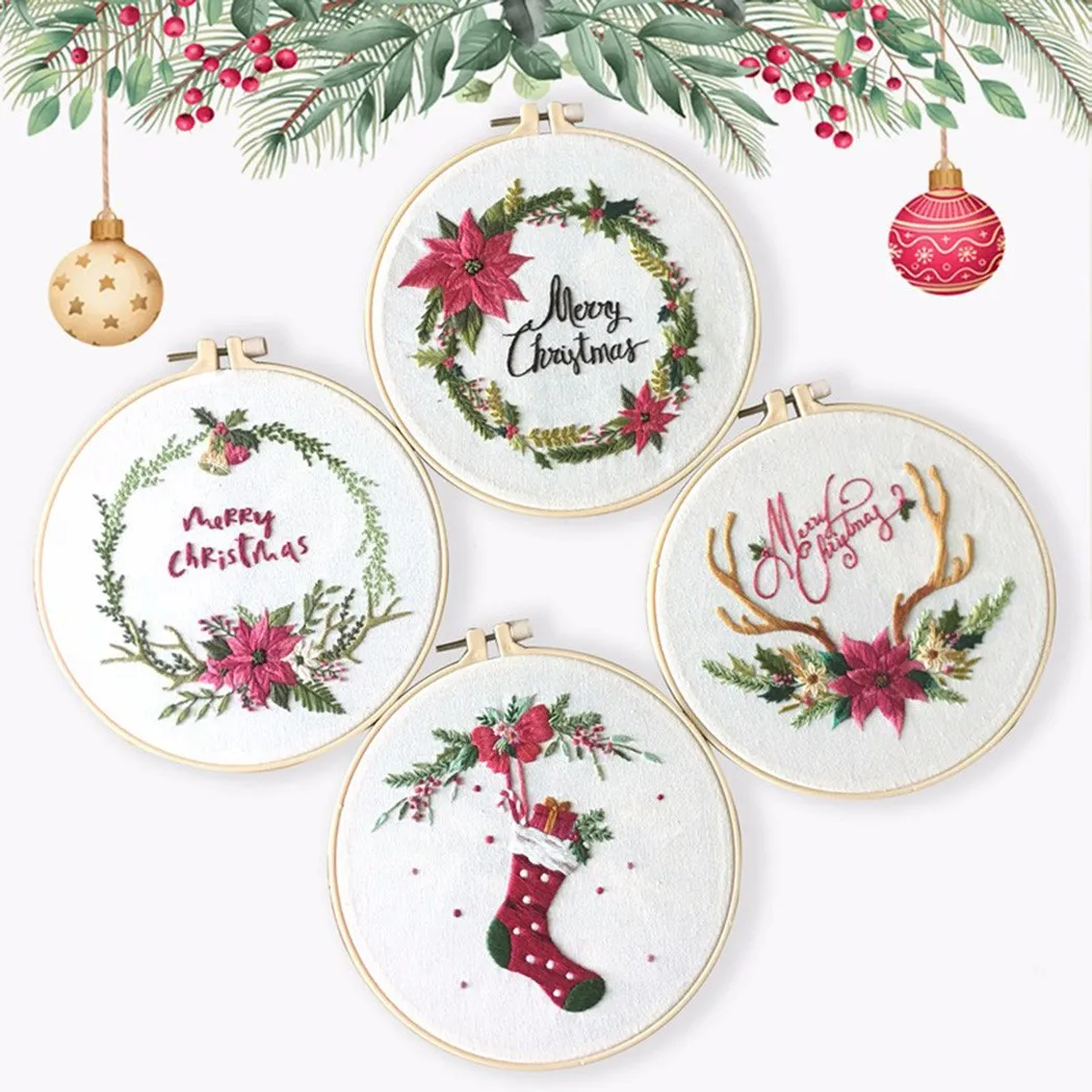

Christmas Pattern Embroidery Set Beginner Needlework Cotton Linen Cloth Round Embroidery Hoop Kits For DIY Sewing Home Decor
