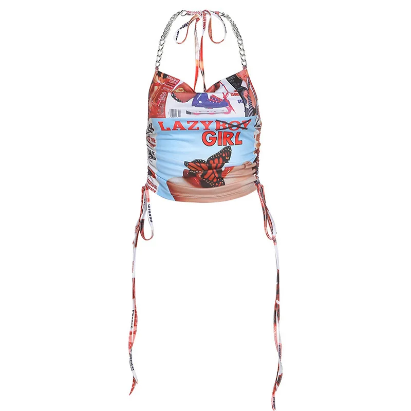 

XIYUYU Summer Camis Halter Tops Women Sexy Tank Top Printing Shirring Croped Top Chain Neck-mounted Camisole Vest