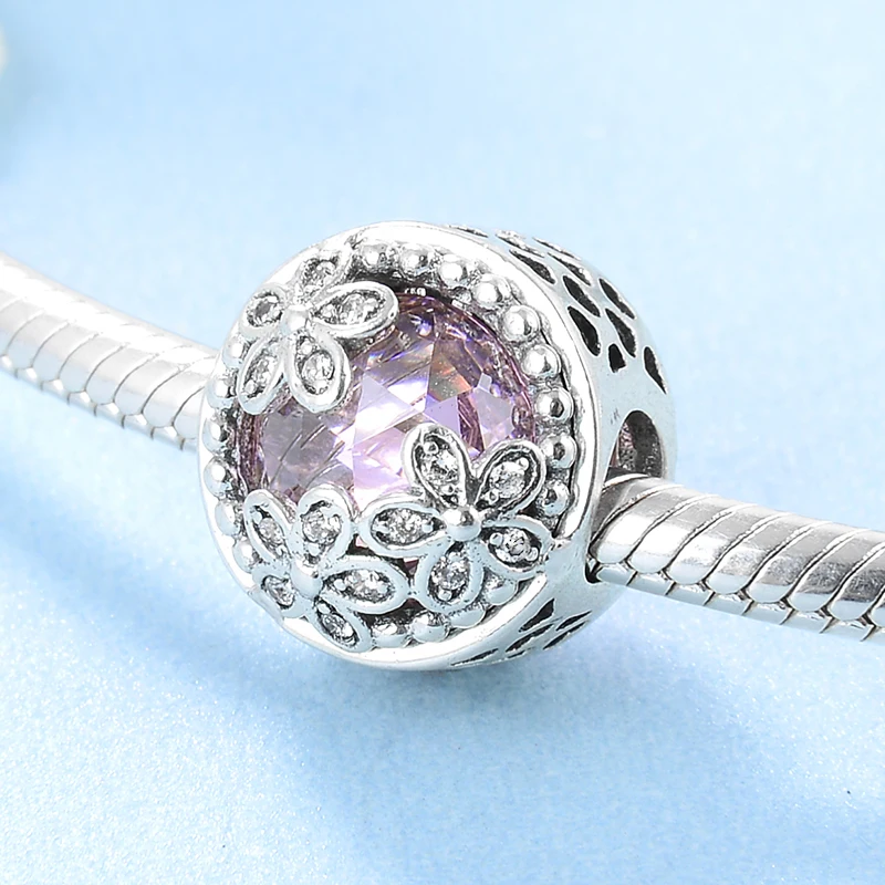 925 пробы серебряные Роскошные полые сердца три цветка ярко-розовые CZ бусины