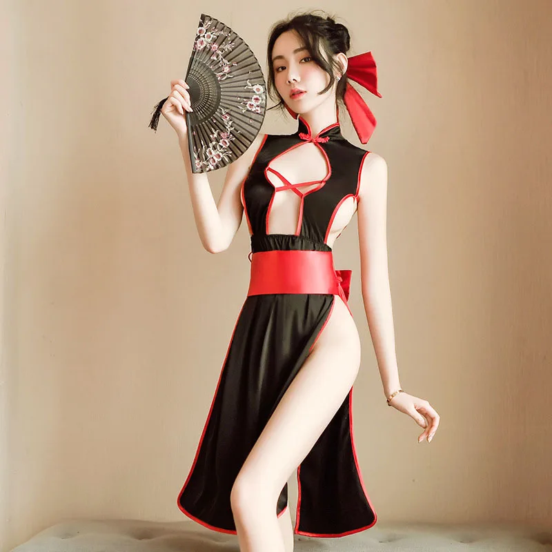 

Women Chinese Cheongsam Witch Uniform Maid Cosplay Costumes Exotic Babydoll Lingerie Set Halloween Party Sexy Devil Outfits