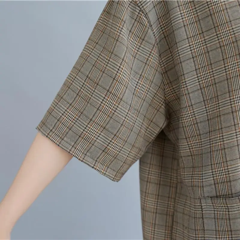 Женский клетчатый Блейзер оверсайз повседневная куртка с коротким рукавом на