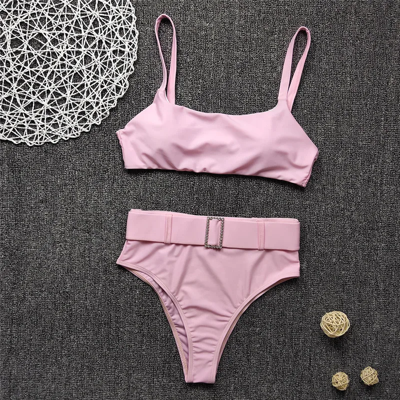 

Sexy bandeau bikini set 2020 Solid pink swimwear women High waist swimsuit female Belt bathing suit Summer bathers biquini new